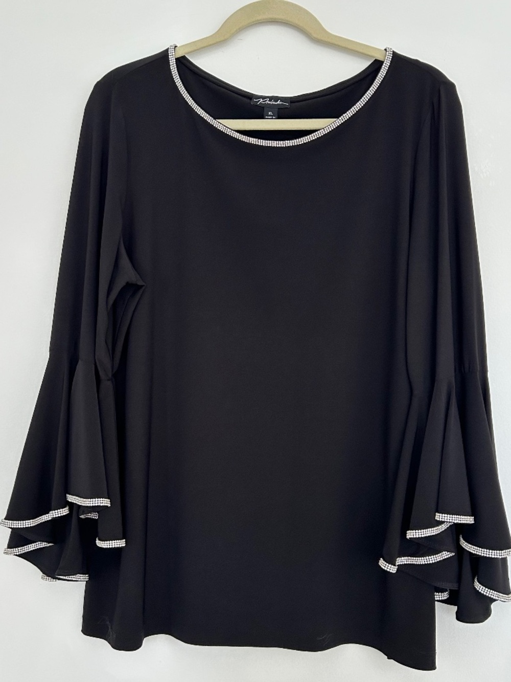 NWOT Prelude Black Bell Sleeve Blouse w/ Rhinestone Trim, Stretch Knit, Size XL